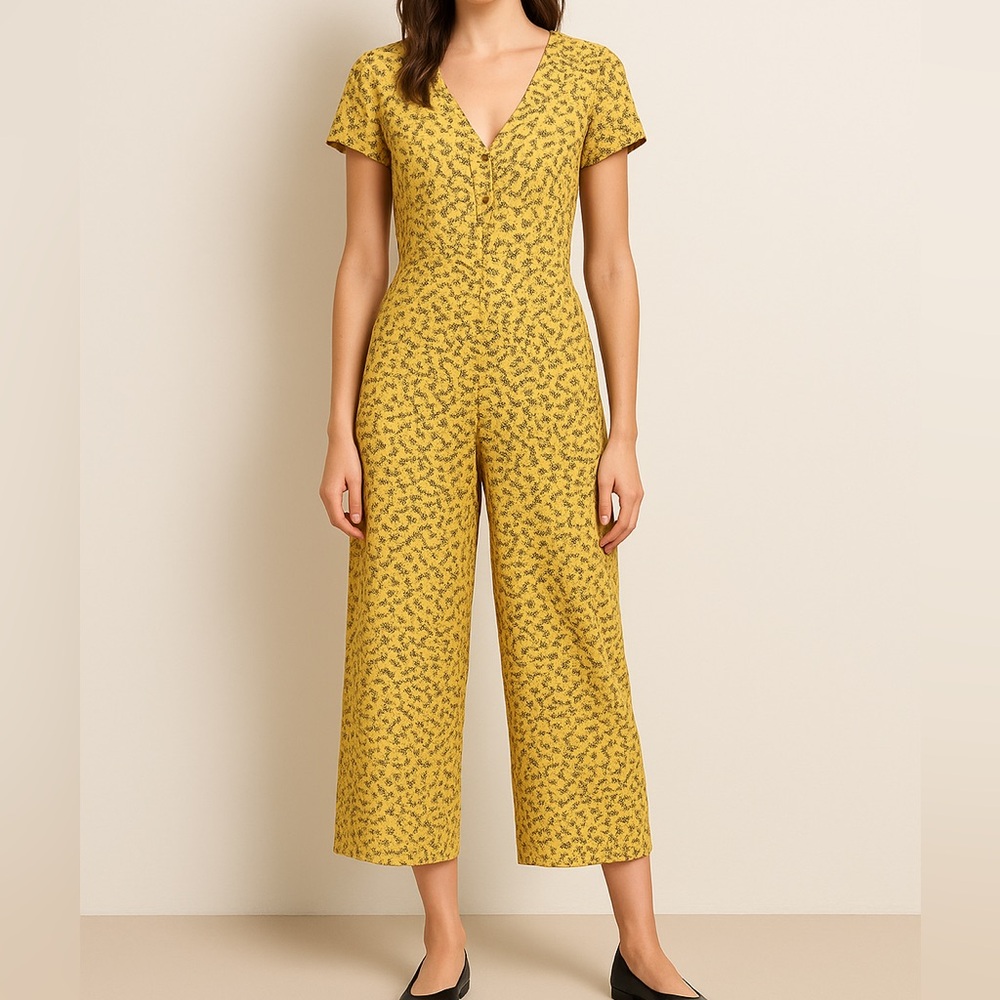 Le Lis Boho Preppy Floral Relaxed Wide Leg V Neck Short Sleeve Jumpsuit Yellow